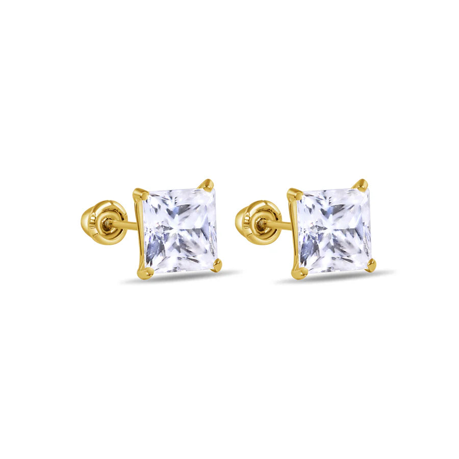 14 Karat Yellow Gold Square Moissanite Stud Screw Back Earring 4MM